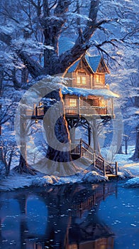 Moonlit Winter Luxury: The Incredible Duplication of a Candy Land Tree House Nestled in a Snowy Forest