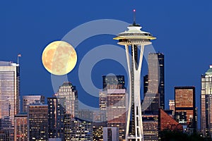 Moonrise over downtown seattle
