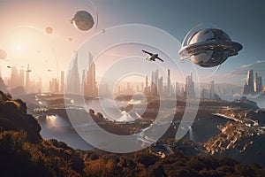 moonrise over futuristic metropolis, with hovercars zipping across the sky photo