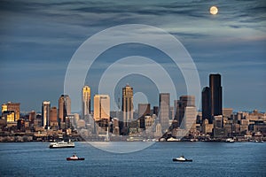 Moonrise Over Seattle, Washington.