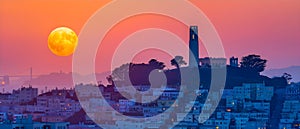 Moonrise and Sunset Harmony over Coit Tower. Concept Landscape Photography, Golden Hour Magic,