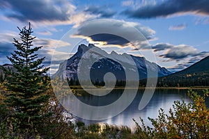 Moonrise at Vermilion Lakes in summer night. Banff National Park, Canadian Rockies.