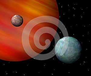 Moons orbiting a reddish gas giant