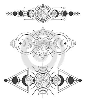 Moons phases in mystic sky. Mother moon, hand drawn pagan tattoo or sketch wicca moon goddess vector illustration set