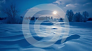 The moons silvery beams illuminate the snowcovered fields creating a breathtaking symphony of light and snow that dances