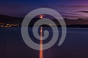 Moonset, moon behind the mountains at night