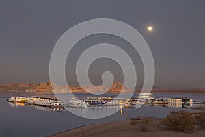 Moonshine over Tranquil Lake Powell and Boat Marina near Page Arizna photo