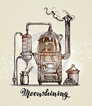 Moonshining. Vintage hooch sketch. Vector illustration photo