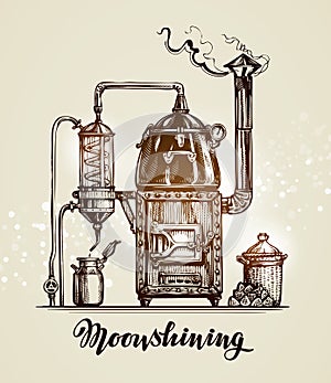 Moonshining. Vintage hooch sketch. Vector illustration