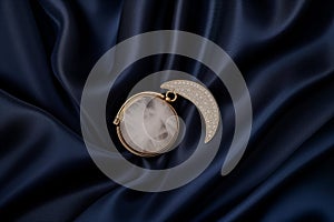 moonstone locket on navy silk, in a crescent shape