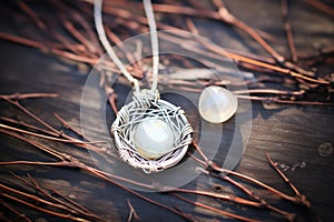 a moonstone pendent in a birds nest on the ground