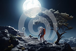 Moonwalker next to an otherworldly tree on lunar surface