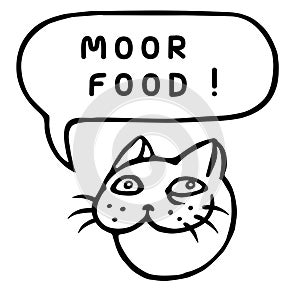 Moor food! Cartoon Cat Head. Speech Bubble. Vector Illustration.