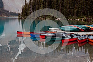 Moored boats in the Moraine lake in Canada