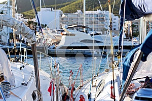 Moored boats in the port of Santa Eulalia.Ibiza
