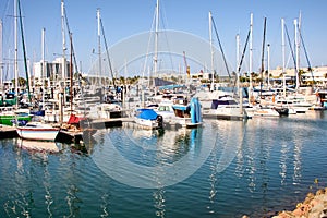 Moored boats, yachts and catamarans in Townsville, Queensland, Australia.
