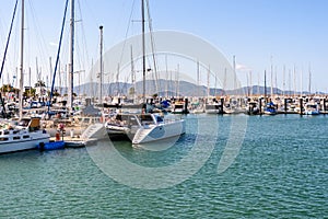 Moored boats, yachts and catamarans in Townsville, Queensland, Australia