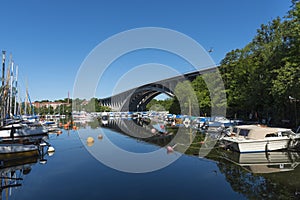 Moored leisureboats calm summer morning Stockholm