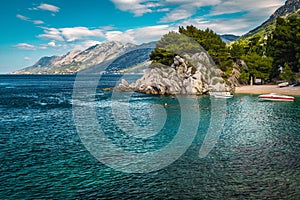 Moored motorboats in the amazing bay in Brela, Dalmatia, Croatia