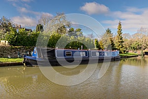 Moored narrowboat on the Grand Union Canal