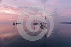 Moored sailboats in the bay before sunrise