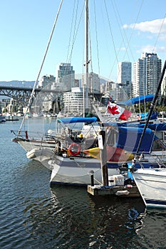 Moored sailboats & yachts in False Creek BC.