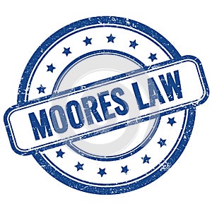 MOORES LAW text on blue grungy round rubber stamp