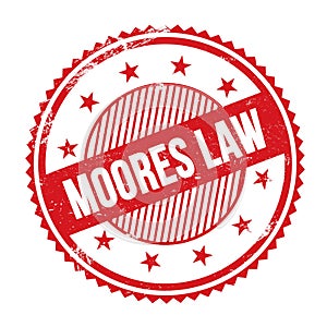 MOORES LAW text written on red grungy round stamp