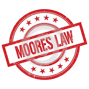 MOORES LAW text written on red vintage round stamp