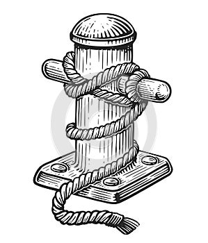 Mooring bollard with ship rope. Marine concept. Sketch vintage vector illustration