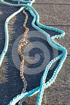Mooring ropes and chain.