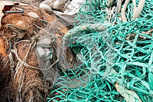 Mooring ropes and nets on a fishing boat. Accessories needed for fishing