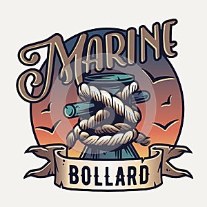 Mooring sea bollard. Nautical marine rope knot