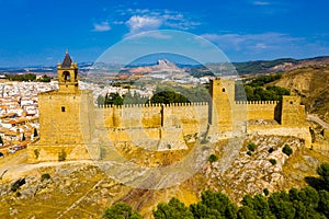 Moorish alcazaba in Antequera with Pena de los Enamorados mountain, Spain photo