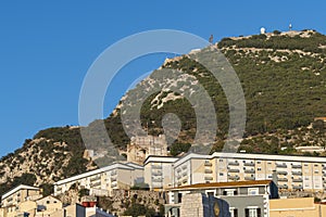 Moorish Castle tower and modern residential buildings Gibraltar