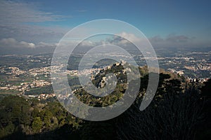 Moorish castle view from the top of Pena castle. Sintra, Portugal