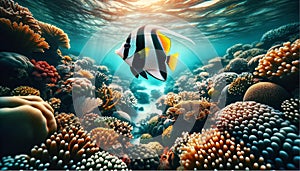 Moorish Idol fish hovers over the coral reef
