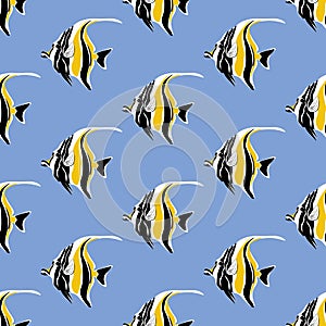 Moorish idol fish seamless pattern