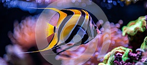 Moorish idol fish swimming among colorful corals in saltwater aquarium environment