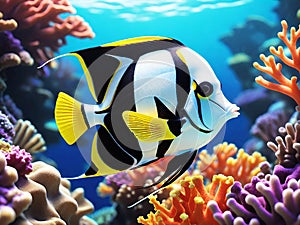 Moorish idol fish underwater scene with coral