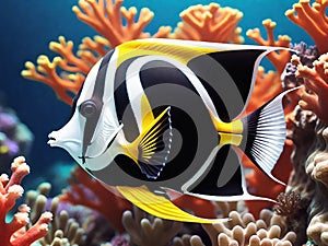 Moorish idol fish underwater scene with coral