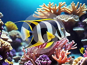 Moorish idol fish underwater scene with coral