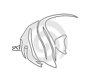 Moorish idol, zanclus cornutus continuous line drawing. One line art of reef fish, seafood.