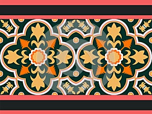 Moorish seamless pattern. Arabesque vector ornament. Ancient floor ceramic tiles. Design seamless in green background with dark gr