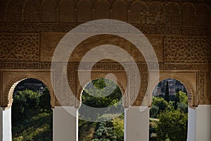 Moorish Stone Carvings inside Generalife Gardens Adjacent to the Alhambra in Granada, Spain