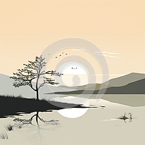 Minimalist Moorland Landscape With Lake And Tree Design