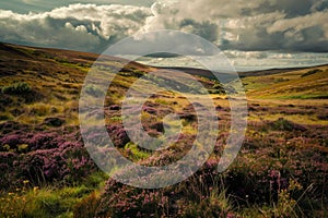 Moorland or Moor, Wuthering Heights, Heather Fields and Hills, Castle on Mountains, Copy Space