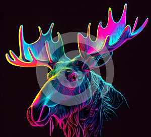 Moose in abstract, graphic highlighters lines rainbow ultra-bright neon artistic portrait