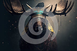 Moose animal portrait dressed as a warrior fighter or combatant soldier concept. Ai generated photo
