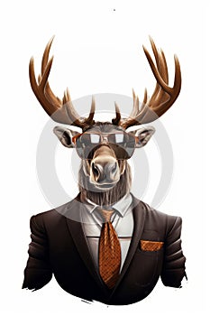 Moose with antlers in clothes with tie on white background